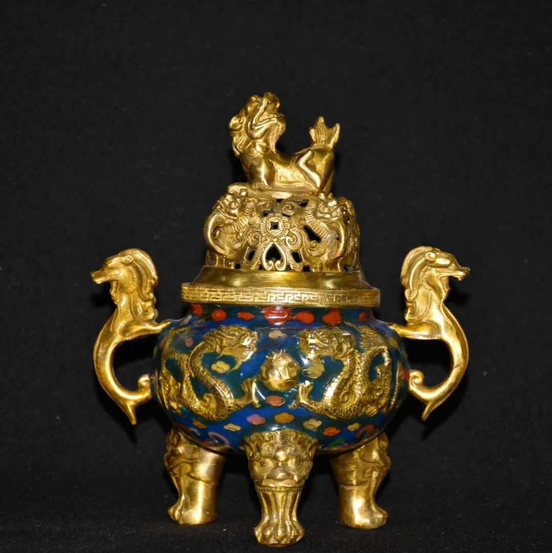 

8"Tibetan Temple Collection Old Bronze Cloisonne Enamel brave troops Two ears Three feet Incense burner Amass wealth Town House