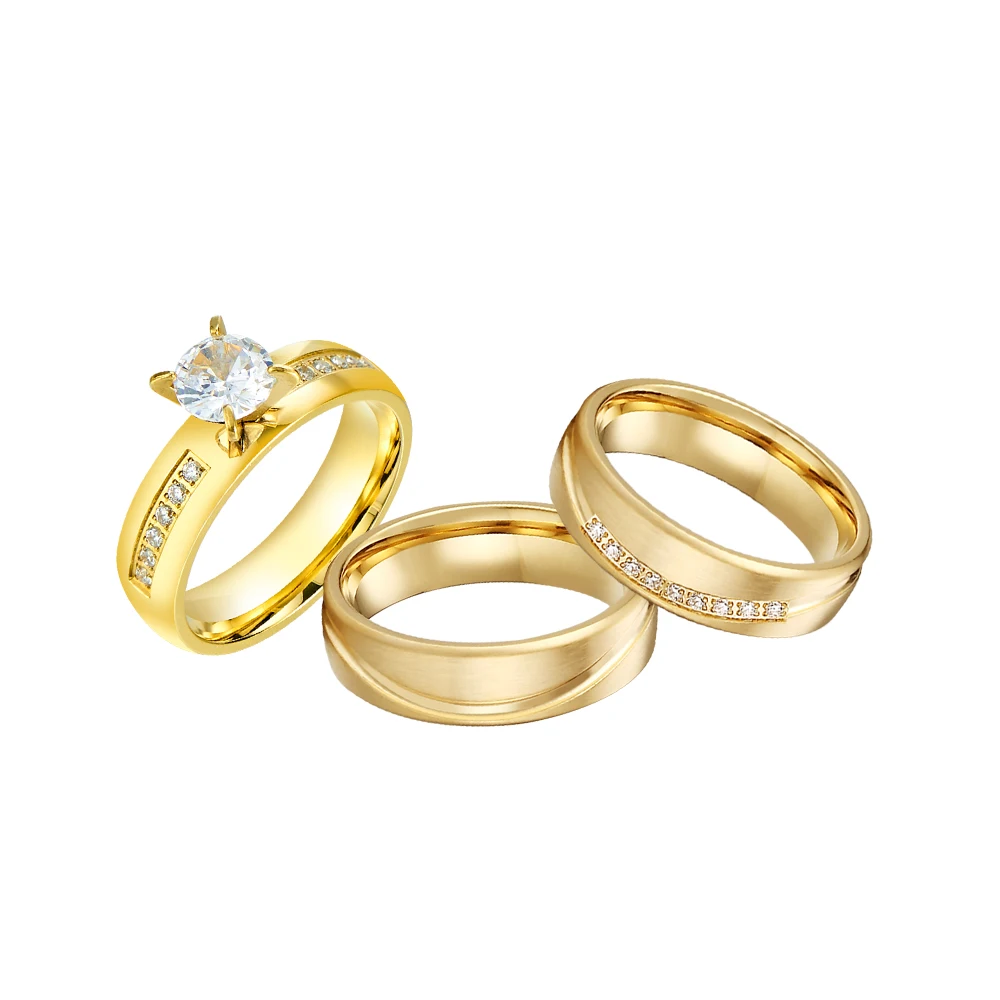 3pcs Wedding Engagement Rings Sets For Alliances Ladies Women 24k Gold Plated Jewelry Ring cz diamond