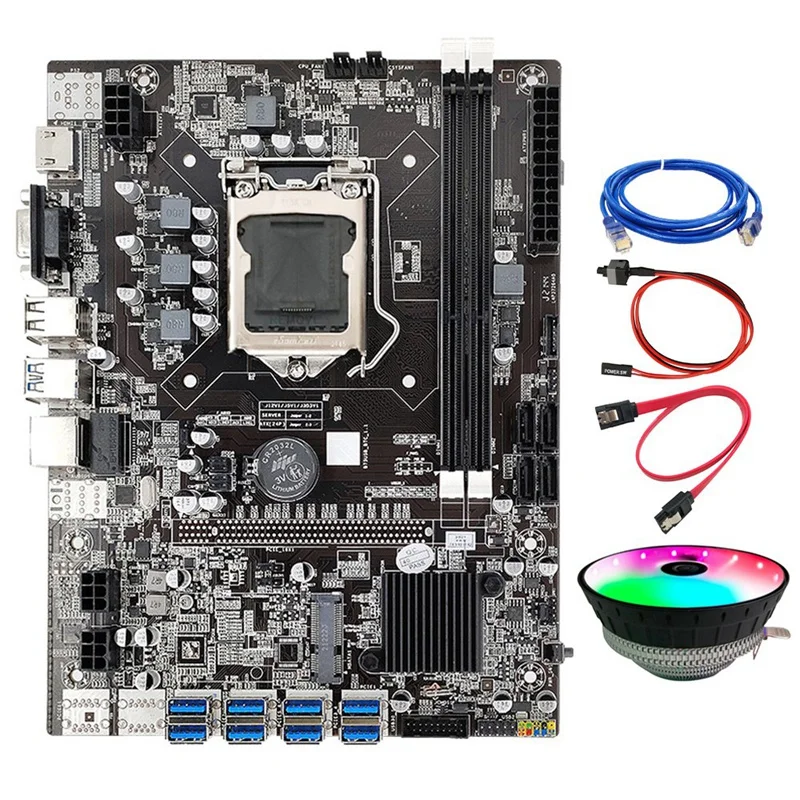 NEW-B75 BTC Mining Motherboard LGA1155 8XPCIE USB Support Dual DDR3 SATA Cable+Switch Cable+RJ45 Network Cable+Cooling Fan
