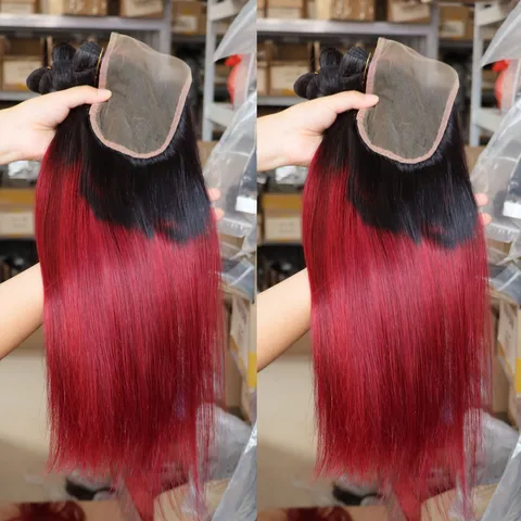 Ombre Color 1B Burg Red 4x4 5x5 13x4 13x6 Кружевная застежка Фронтальная часть человеческих волос Индийская прозрачная фронтальная застежка для черного цвета