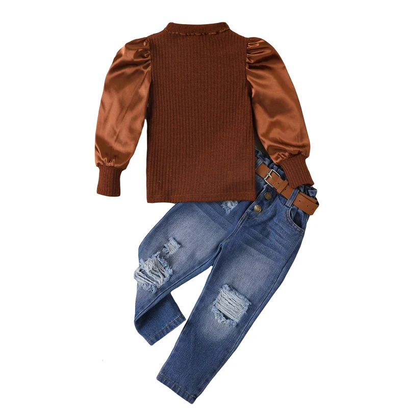 

Детский трикотажный комплект из 2 предметов, Топ с длинным рукавом и ложным воротником в рубчик, рваные джинсы с поясом на резинке для девочек на осень