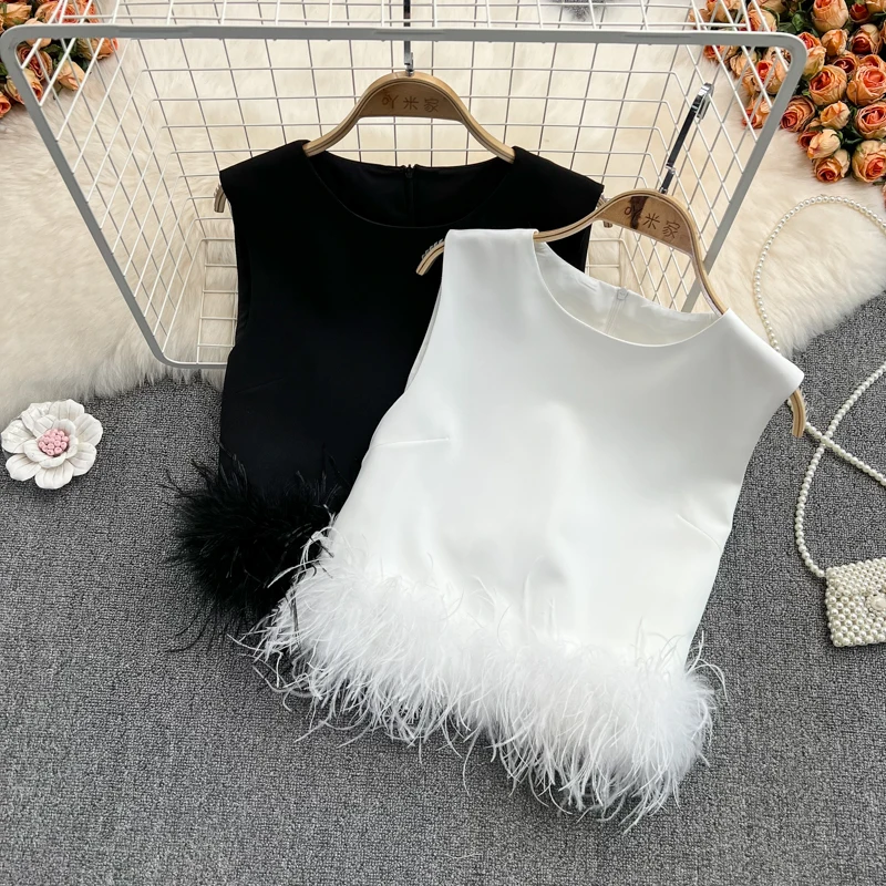 

Women Summer Vest Fur-stitched Fashion High Quality Patchwork Solid Sleeveless Short Style Tops