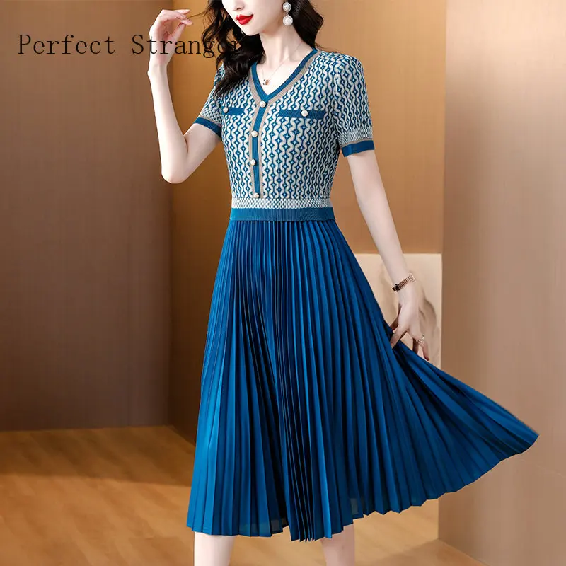 

High Quality 2023 Vestidos Vintage Casual Patchwork Elegant Short Sleeve V Neck Pleated Female Robe Women's Summer Midi Dresses
