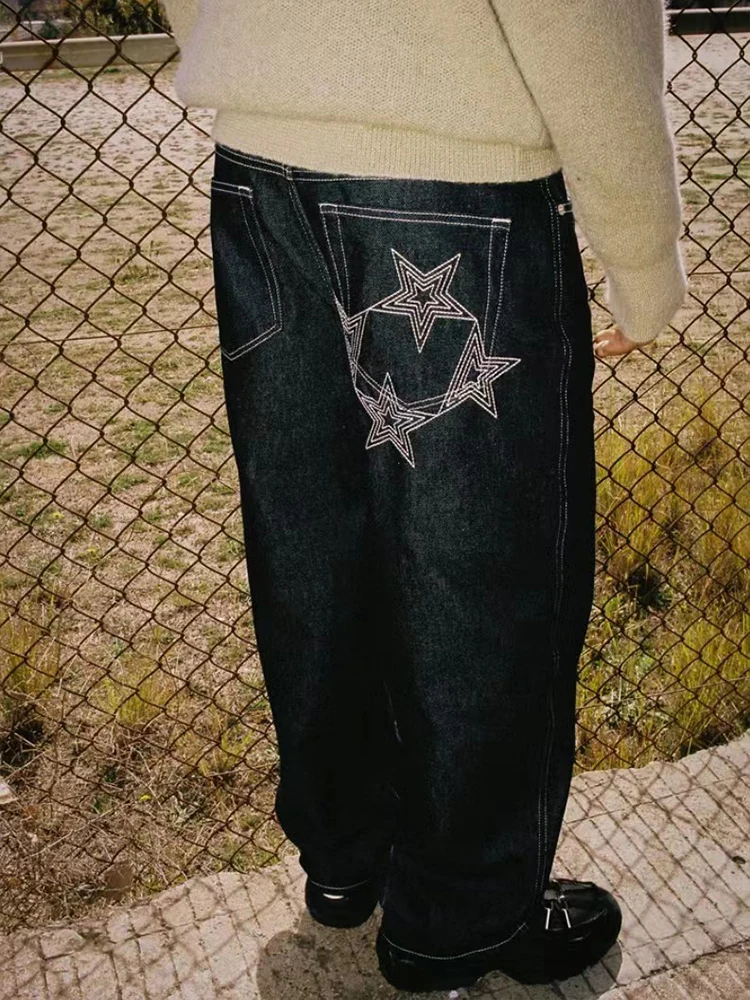 Y2k 99Based Jeans Men's Hip Hop Print Oversized Dark Blue Jeans 2023 New Fashion Casual Loose Straight Wide Leg Trouser