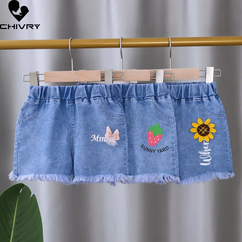 

New 2023 Kids Girls Summer Denim Shorts Baby Girls Cute Cartoon Strawberry Shorts Casual Jeans Baby Beach Short Pants Clothing