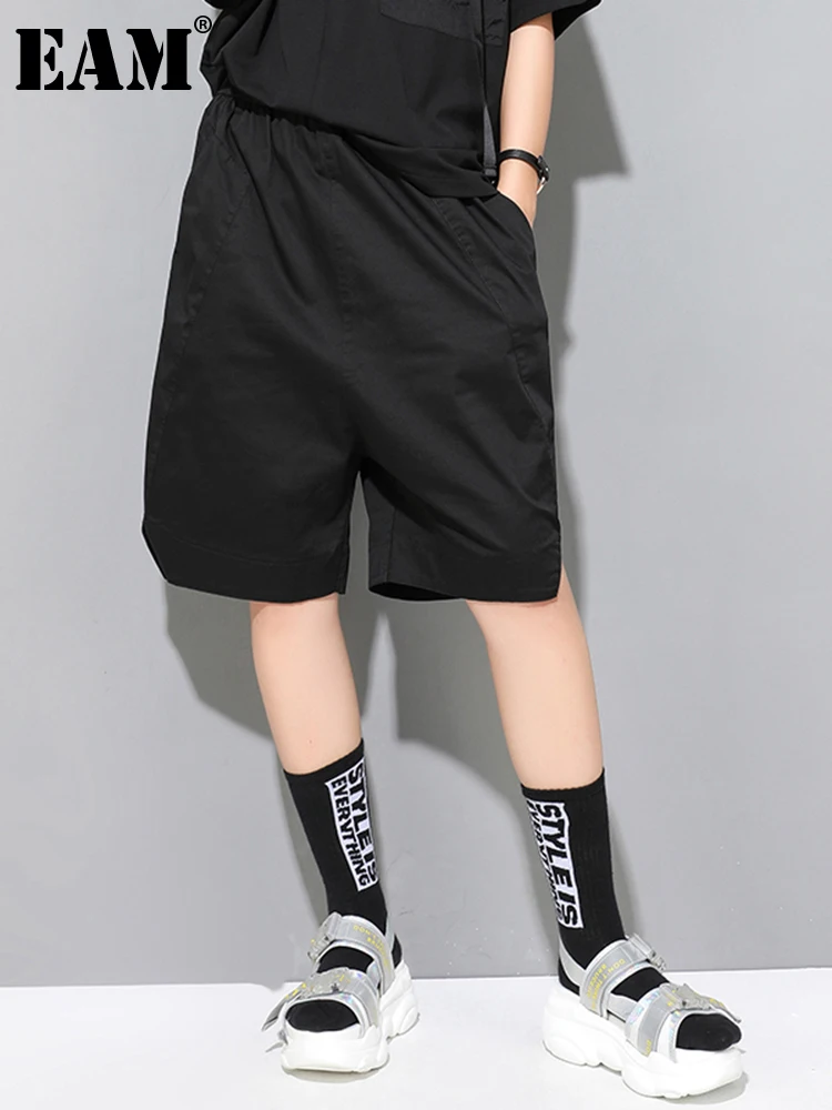 

[EAM] High Elastic Waist Black Knee Length Wide Leg Trousers New Loose Fit Pants Women Fashion Tide Spring Summer 2022 1U134