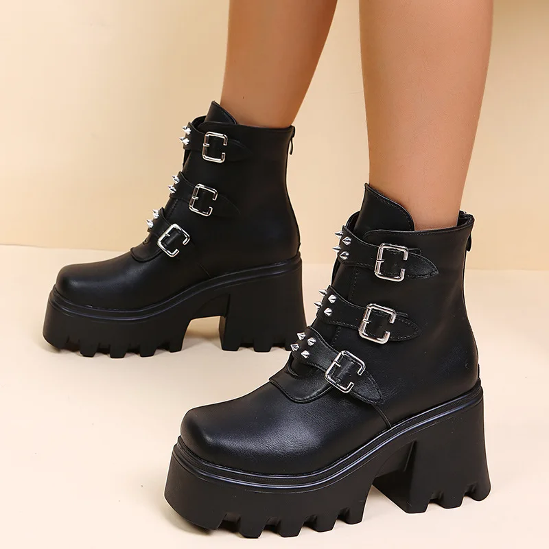 Punk Style Ankle Boots for Women 2022 Autumn Winter Square Toe High Heel Shoes Rivet Buckle Cool Streetwear Motorcycles Boots
