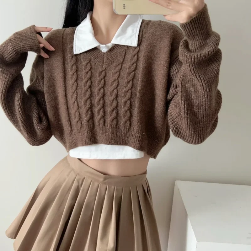 

Winter New Knitwear Sweater Women V-neck Loose Pullover Top Short Long Sleeve Top Solid Color Sweater Female