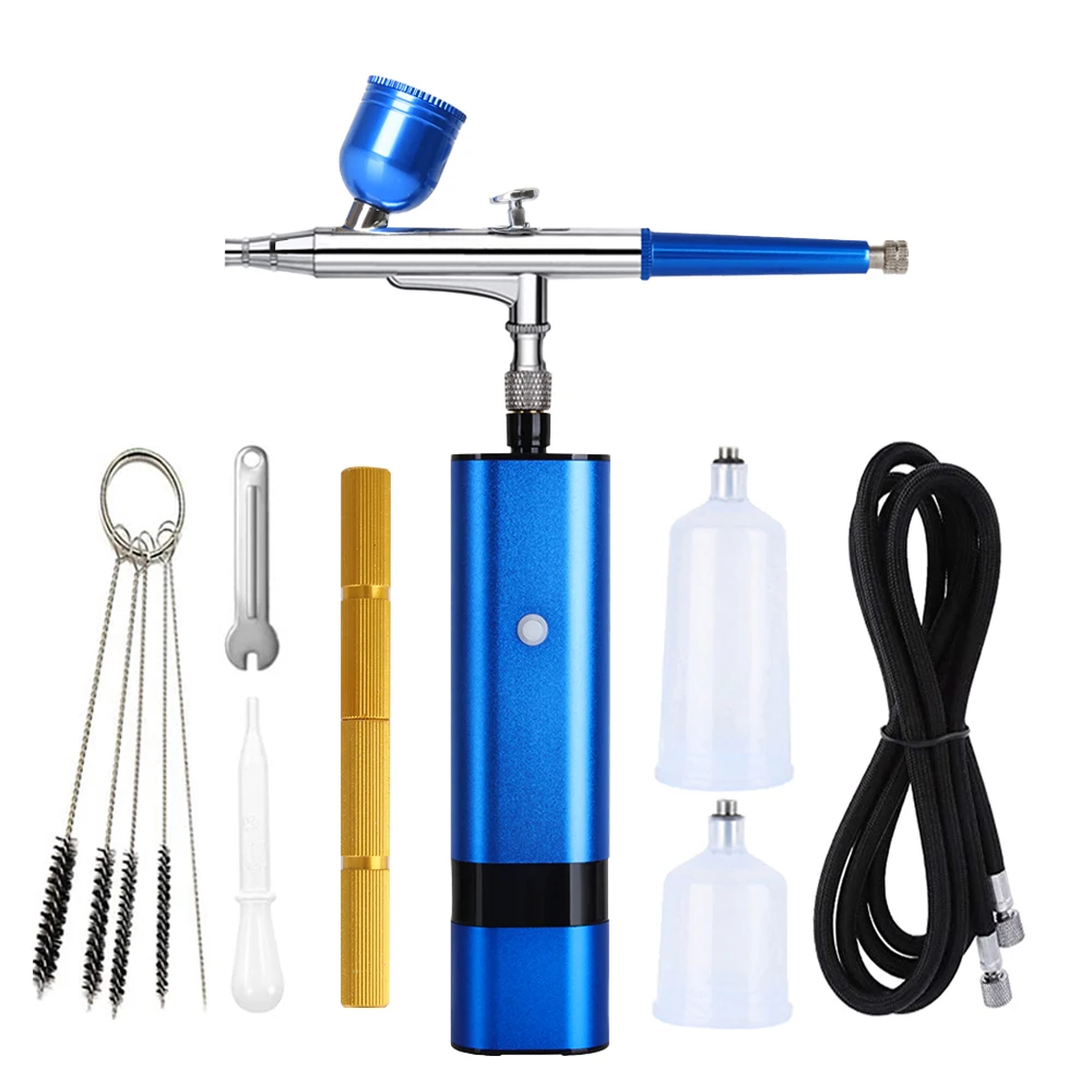 HHC Dual Action Airbrush Set Portable Blue Compressor Spray Piston Pen Mini Pump For Makeup Hair Beauty Nail Temporary Tattoos