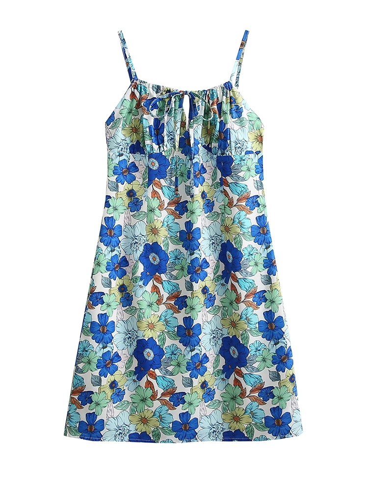 

Women Sleeveless Spaghetti Strap Sweet Dress Summer Floral Print Backless Slim Mini A-line Dresses 2022 vestidos
