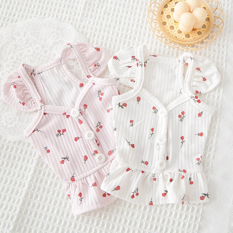 

Cherry Shirts Cat Clothes Cotton Dogs Clothing Korean Thin Sweet Small Pet Outfits Teddy Spring Summer Girl Soft Dog Clothes