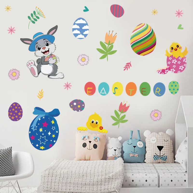

9pcs Happy Easter Decorations Cute Cartoon Bunny Eggs Rabbit Wall Stickers Electrostatic Sticker Home Party Easter Window Decals