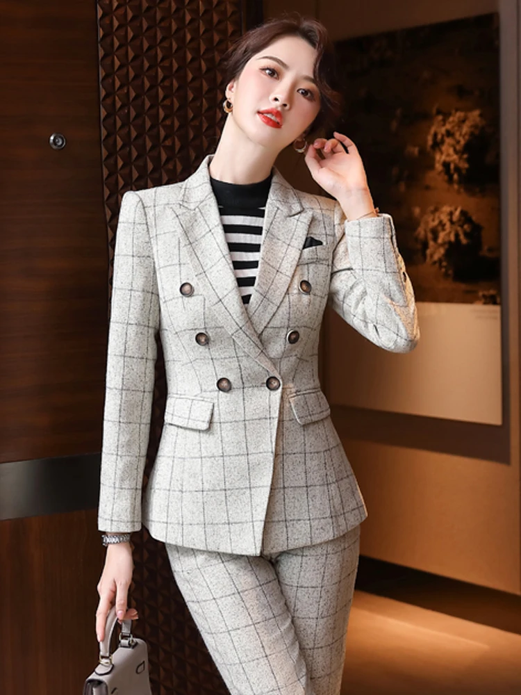 Plaid Formal Career Blazers Suits Ladies Office Formal Uniform Designs Pantsuits Professional Women Business Work Wear Clothes