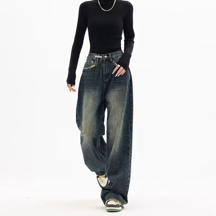 

Vintage Long Jeans Women Ripped Design Chic Loose Streetwear Harajuku Y2k Simple Denim Straight Trouser Trendy Boyfriend