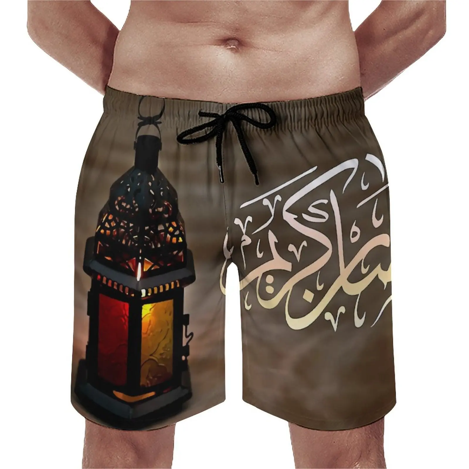 

Ramadan Kareem Eid Al Fitr Board Shorts Lanterns Egyptian Fanoos Beach Short Pants Trenky Males Funny Print Swim Trunks 3XL