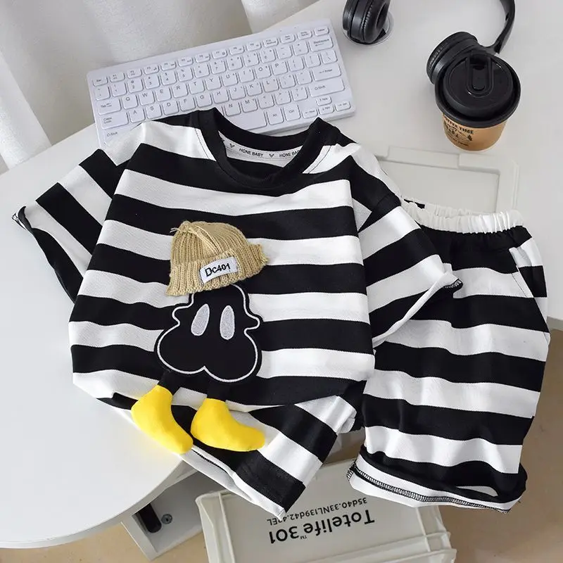 

Korean Baby Boy Girl Summer Clothes Set Stereoscopic Cartoon Short Sleeve Tshirts and Shorts Suit Stripe Top Bottom 2Pcs Outfits