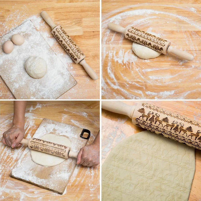 3D Engraved Embossing Rolling Pin Wooden Baking Roller Cookies Fondant Cake Dough Engraved Rolling Pins Decorating Biscuit Tools