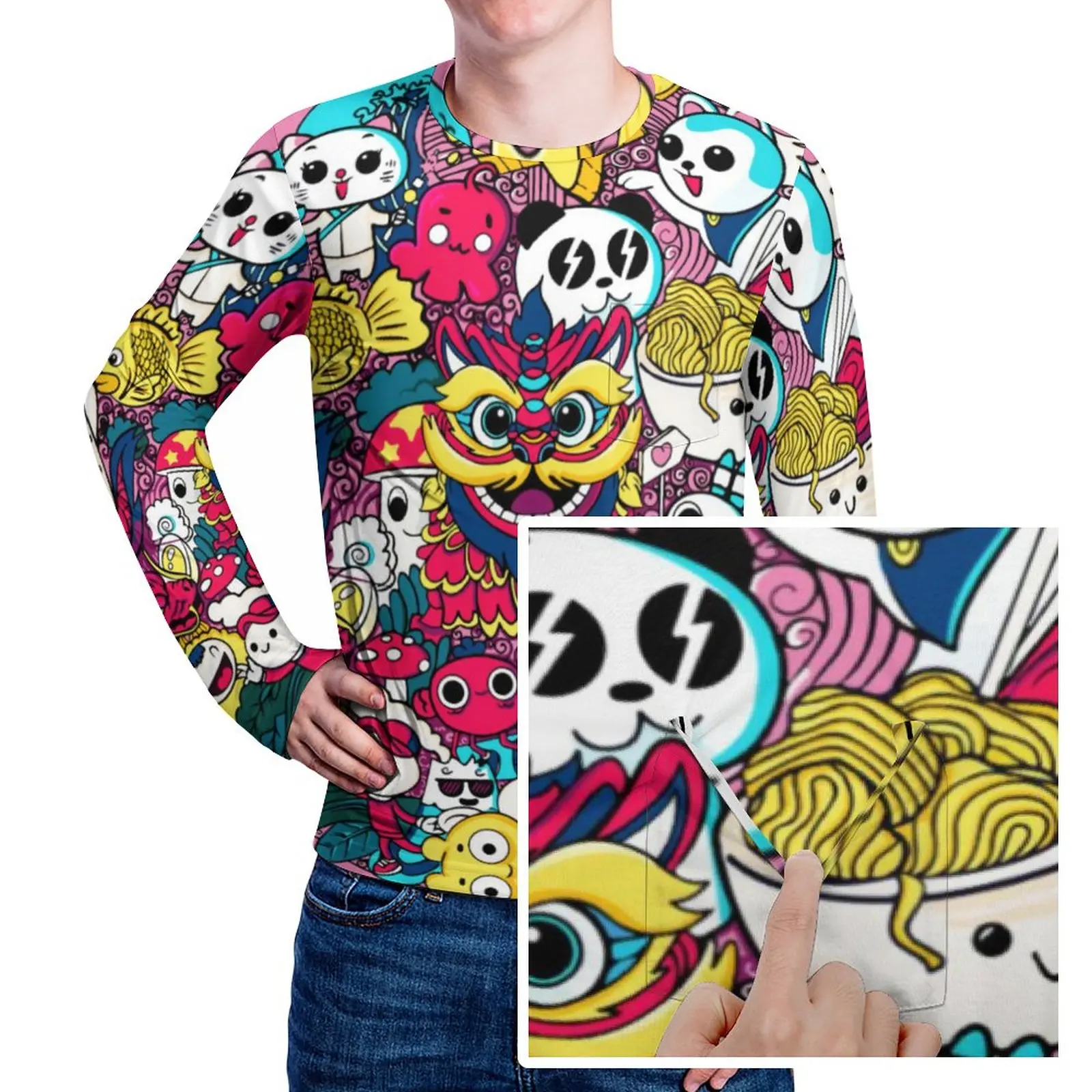 

Футболка с японским аниме рисунком каракули, мужские трендовые футболки с карманом, повседневные футболки с длинным рукавом, уличный стиль,...