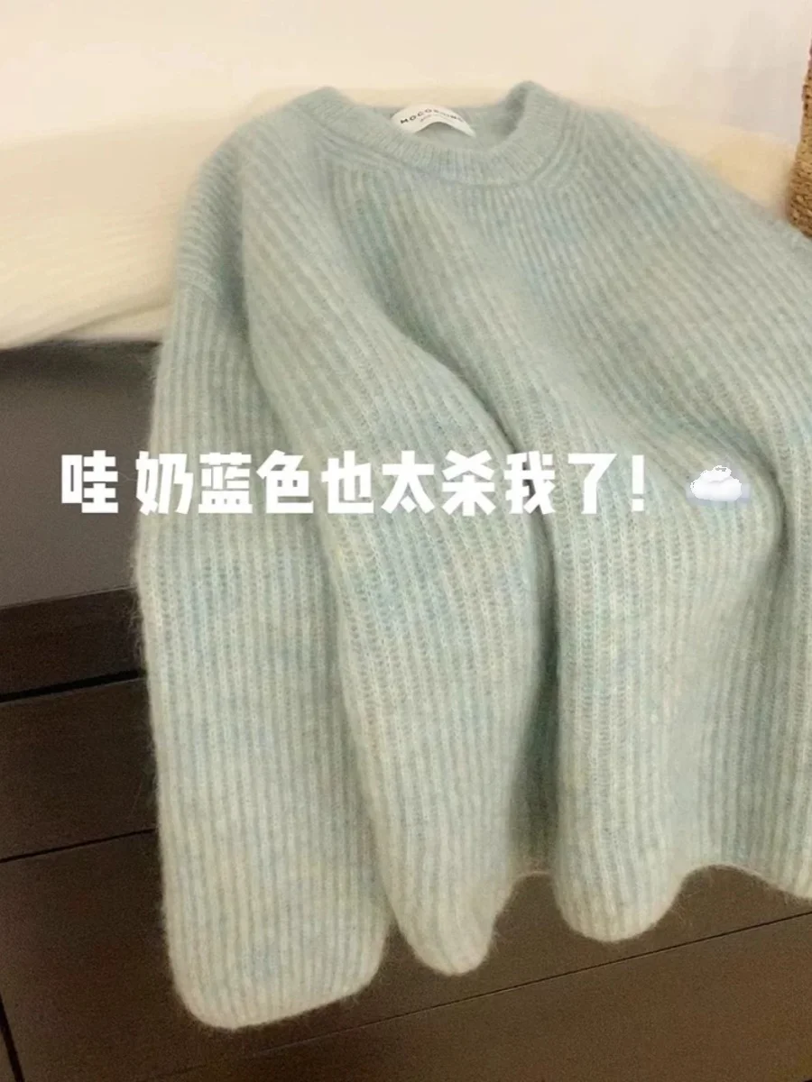 Milk Blue Raccoon Velvet Soft Glutinous Sweater Women Autumn and Winter High Sense Idle Sle Thickened Pullover Over fit kni...