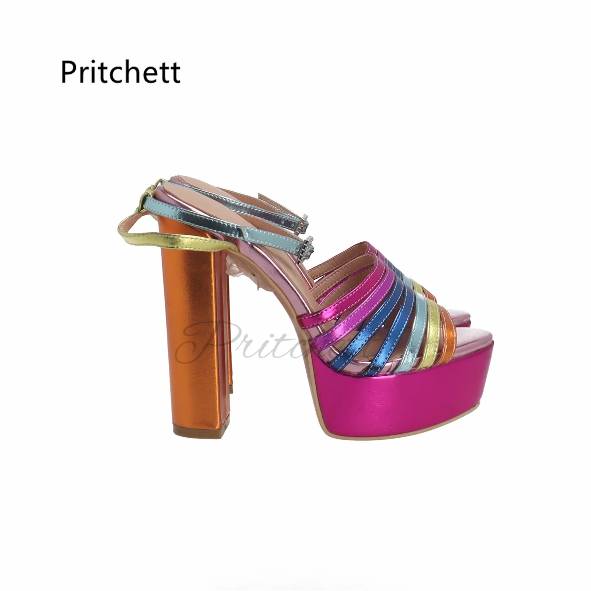 Mixed Colors Chunky Heel Sandals for Women Platform Rhinestone Buckle Open Toe Leather Sandals Female Sweet Party Summer Shoes