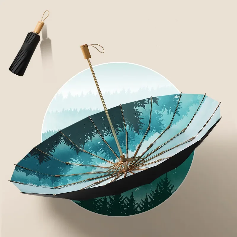 

NEW Retro Windproof Anti-UV Three-folding Umbrella 16 Ribs Wood Handle Outdoor Chinese Classical Umbrella For Women Men Parasol