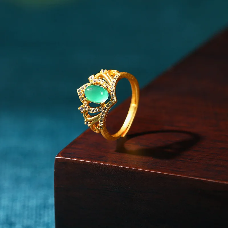 

Старинный ветер зеленый камень китайский ветер древний процесс позолоченный Агат корона открытие регулируемое кольцо