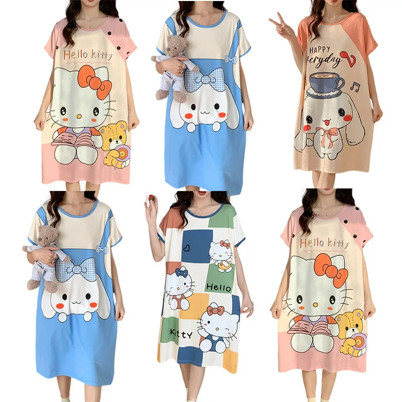 

Kawaii Sanrios Hellokitty Anime Nightdress New Style Cotton Loose Pajamas Kuromi Cartoon Home Furnishing Clothing Christmas Gift