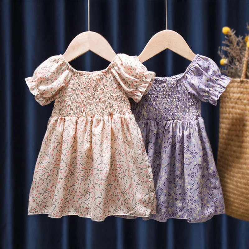 

Fashion Sweet Round Neck Floral Printing Short Sleeve Summer New Clothes Kids Shirring Girls Casual Princess Midi Dresses