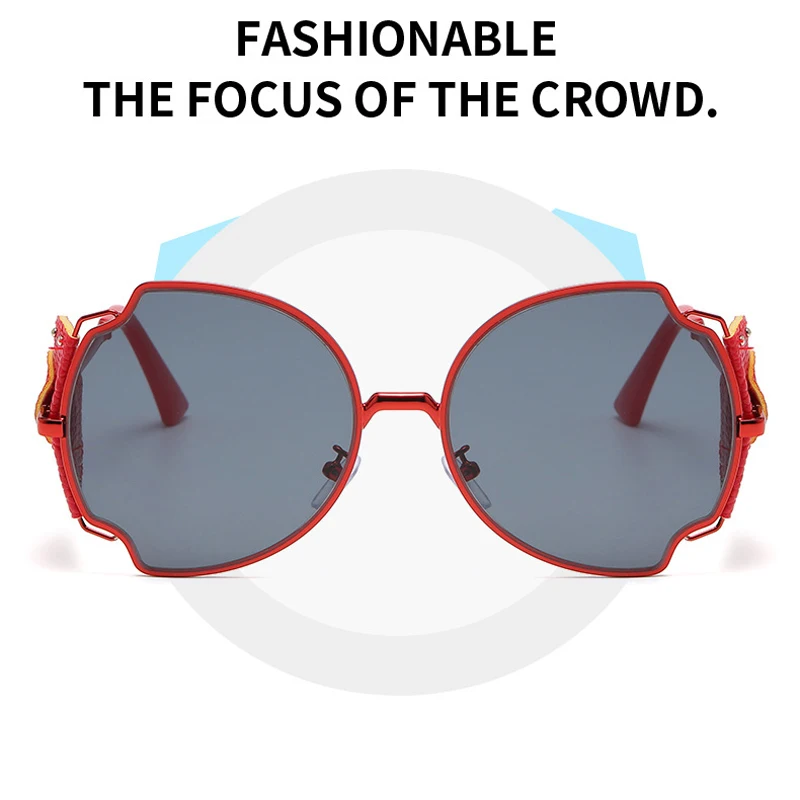 

Luxury Brand Red Frame Steampunk Sunglasses Women Unisex Leather Metal Irregular Big Glasses Designer Shades ladies Tinted Lens