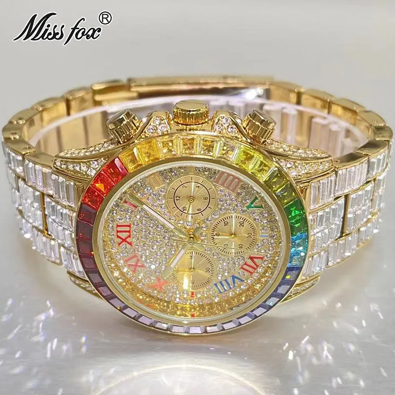 Fashion Brand MISSFOX 18K Gold Hip Hop Watch For Mens Iced Out Waterproof Wrist Watches Rainbow Diamond Clocks Male Reloj Hombre