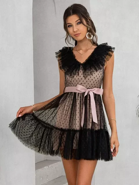 

2022NEW V-neck mesh polka dot summer tulle party dress women Backless pink ruffle sleeveless dresses Elegant sash maxi vestido