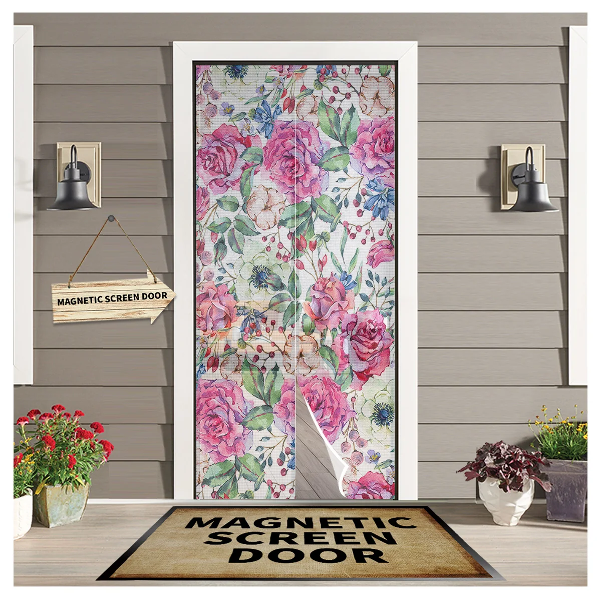 

Watercolor Flower Rose Magnetic Screen Door Curtain Anti-mosquito Magnetic Screen Net Kitchen Curtain