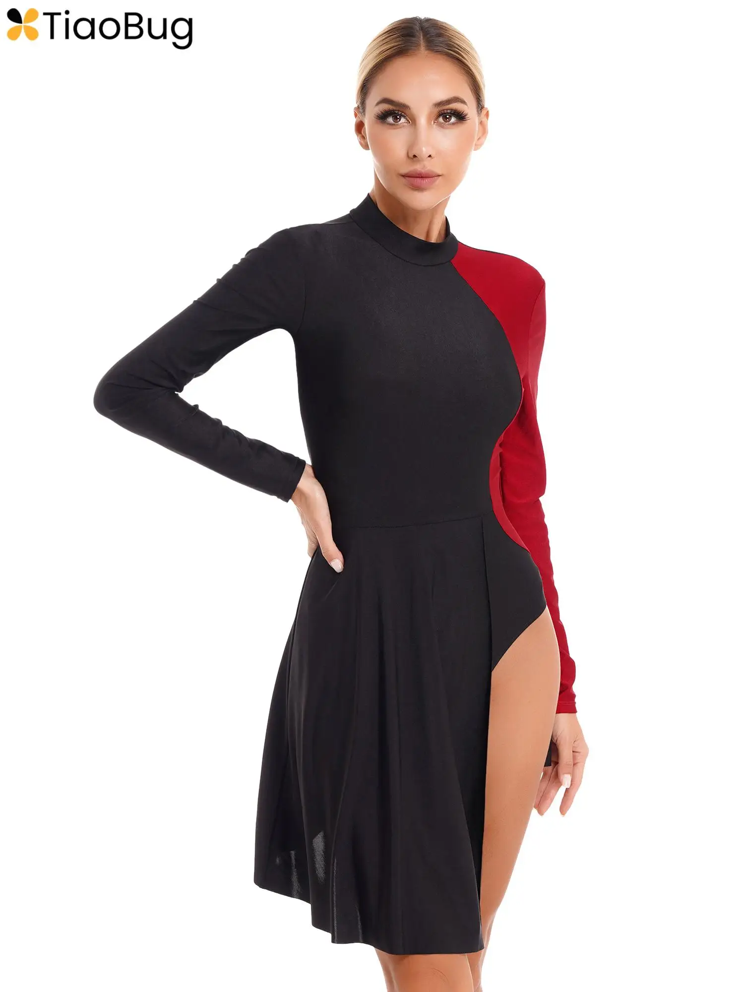 

Womens Color Block Long Sleeve Lyrical Latin Jazz Dance Dress Mock Neck Split Tutu Skirt Leotard Dancewear