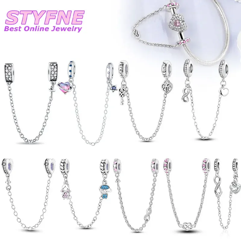 Серебряная цепочка с зажимом S925 безопасные бусины-шармы на удачу прозрачным ПАВЕ