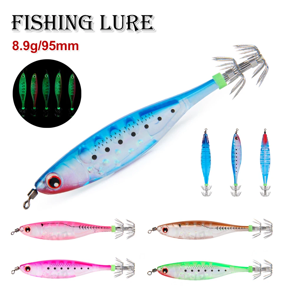 

8.9g Fishing Squid Jigging Lures 95mm Artificial Shrimp Lure Luminous Squid Octopus Cuttlefish Bait Saltwater Fishing Lure Tool
