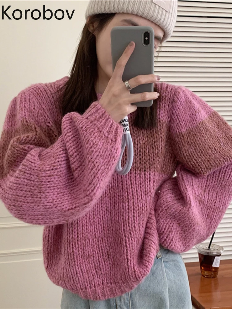 Модные мягкие вязаные топы в Корейском стиле простой пуловер контрастных цветов