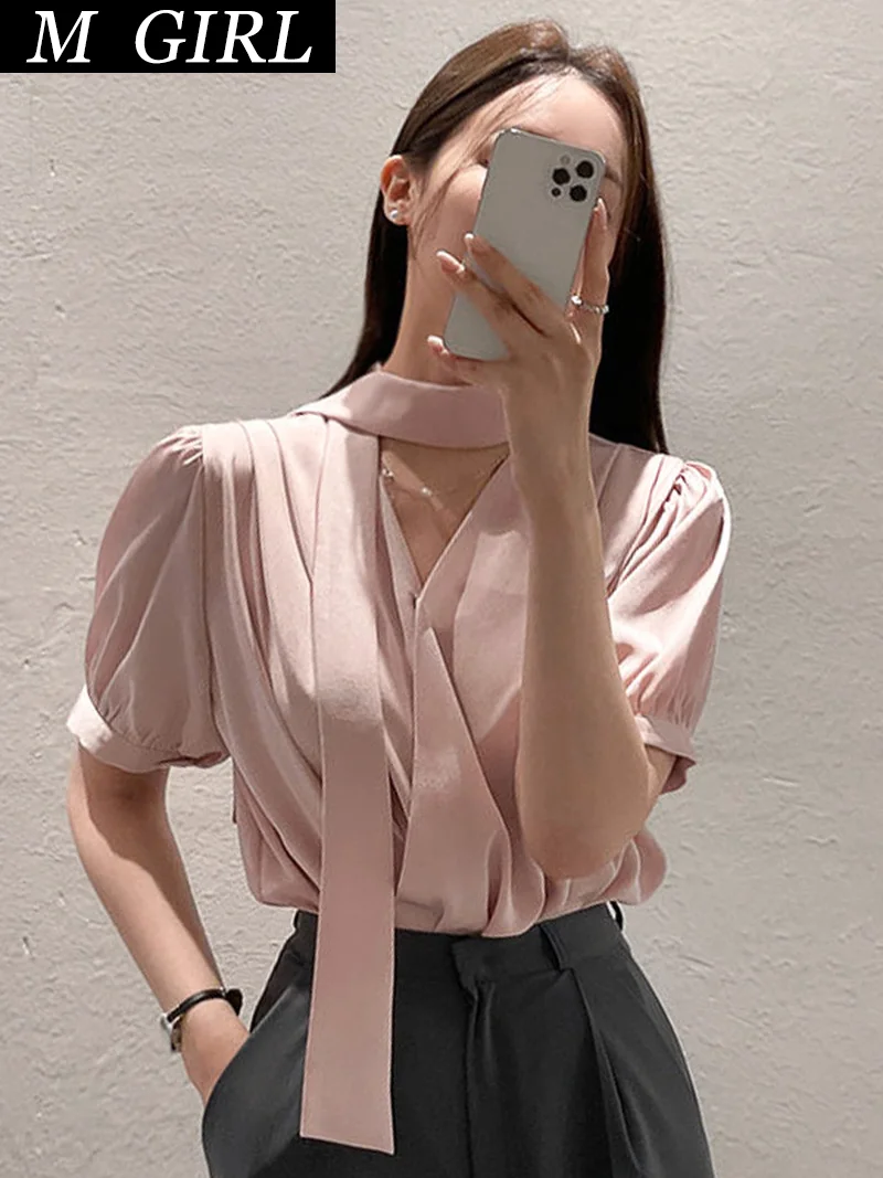 M GIRLS Chic Streamer Scarf Design Woman Shirt Elegant Stand Collar Puff Sleeves Loose Versatile Top 2022 Summer Korean Popular