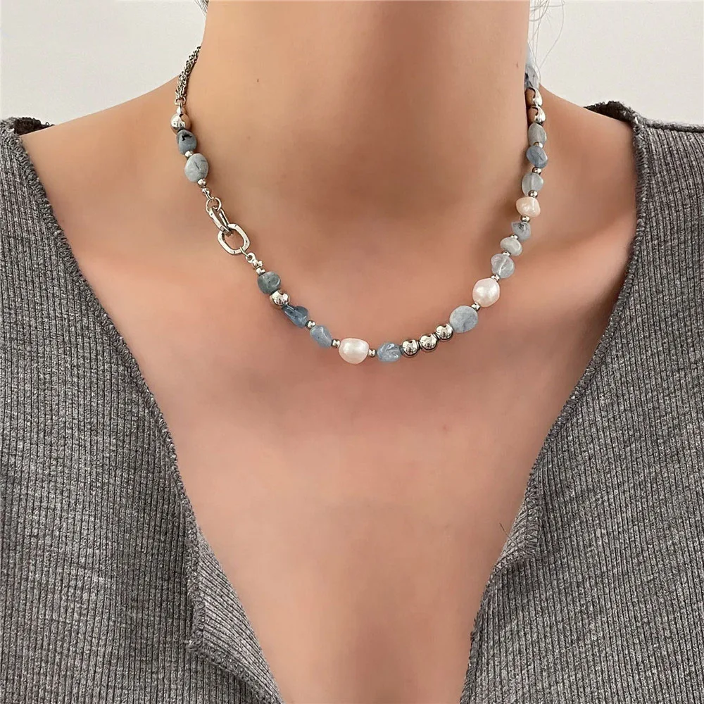 

Natural Stone Blue Crystal Necklace Baroque Natural Freshwater Pearl Niche Design Feeling Fresh Clavicle Chain Women