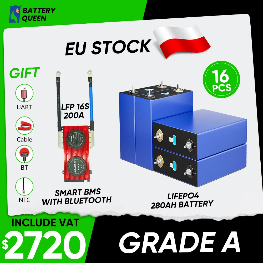 

16pcs 48V 280AH LiFePO4 Battery with Smart DALY BMS 16S 200A with Bluetooth 13KW 15KW Power Solar Energy System Electric Scooter