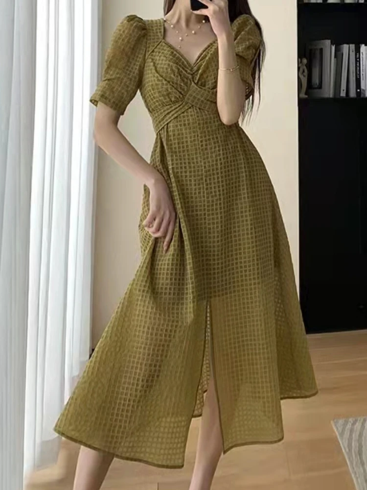 

Women's Summer Elegant Plaid Casual Midi Dress Short Sleeve Bandage Vintage Party Vestidos Female Fashion Slim Outwear Clothes
