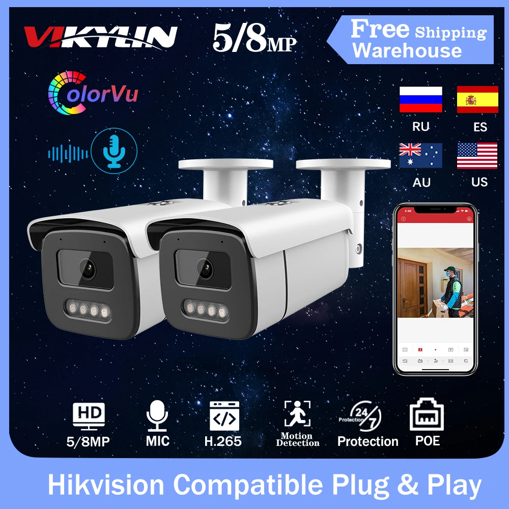 

Hikvision Compatible 4K 5MP IP Camera PoE ColorVu Built-in Microphone Bullet CCTV Outdoor Surveillance Video Webcam 2pcs Kit P2P