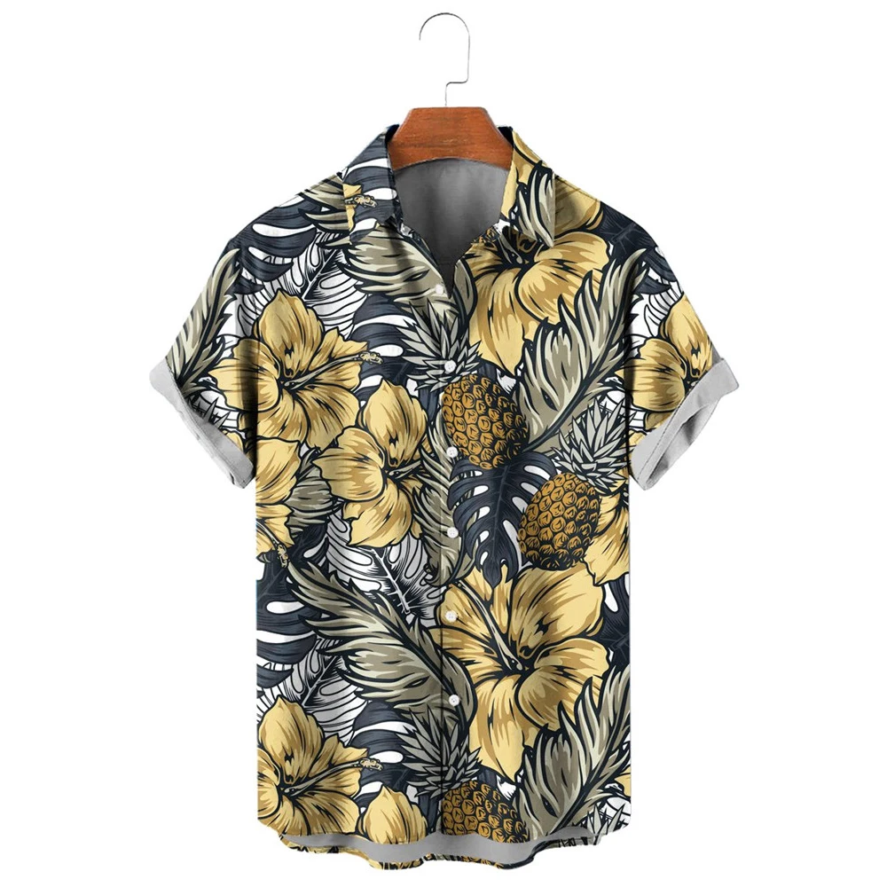 

HX Fashion Men's Shirts Hawaiian Polynesia Plant Floral Pineapple Art Short Sleeve Shirt for Men 3D Graphics Beach Shirt