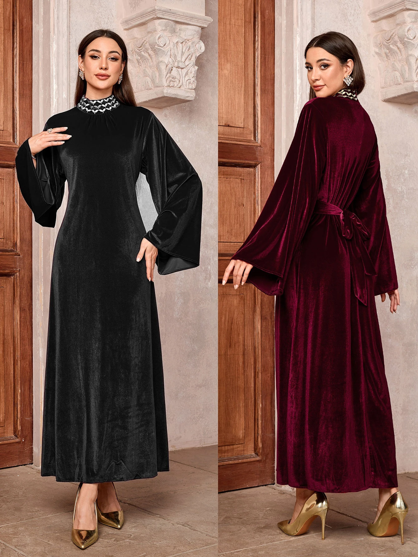 2025 Элегантное Длинное бархатное однотонное мусульманское платье-абайя