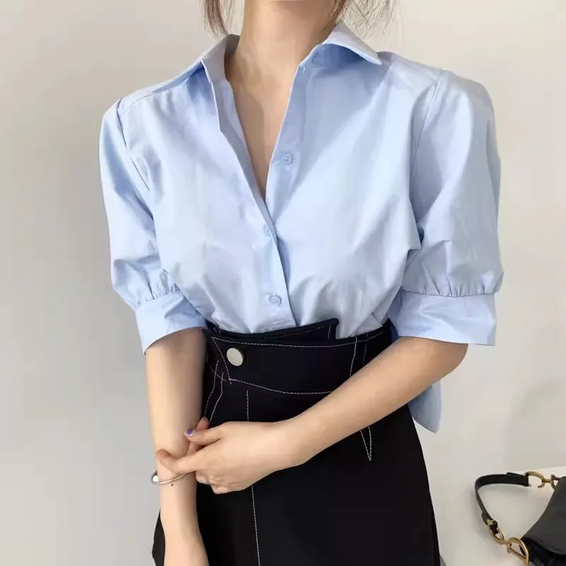 Блузка женская плиссированная Свободная белая с отворотом на спине