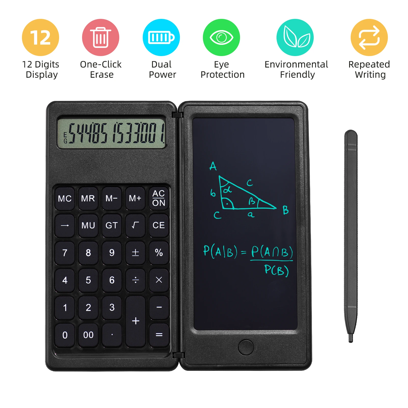 

Foldable Calculator & 6 Inch LCD Writing Tablet Digital Drawing Pad 12 Digits Display with Stylus Pen Erase Button Lock Function