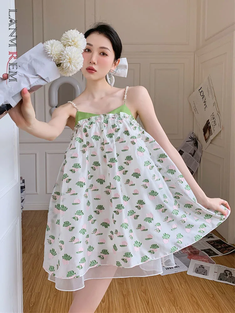 

LANMREM Stitching Contrast Color Green Floral Suspender Mini Loose Dress For Women 2022 Summer New Female Cute Clothes 2R2101