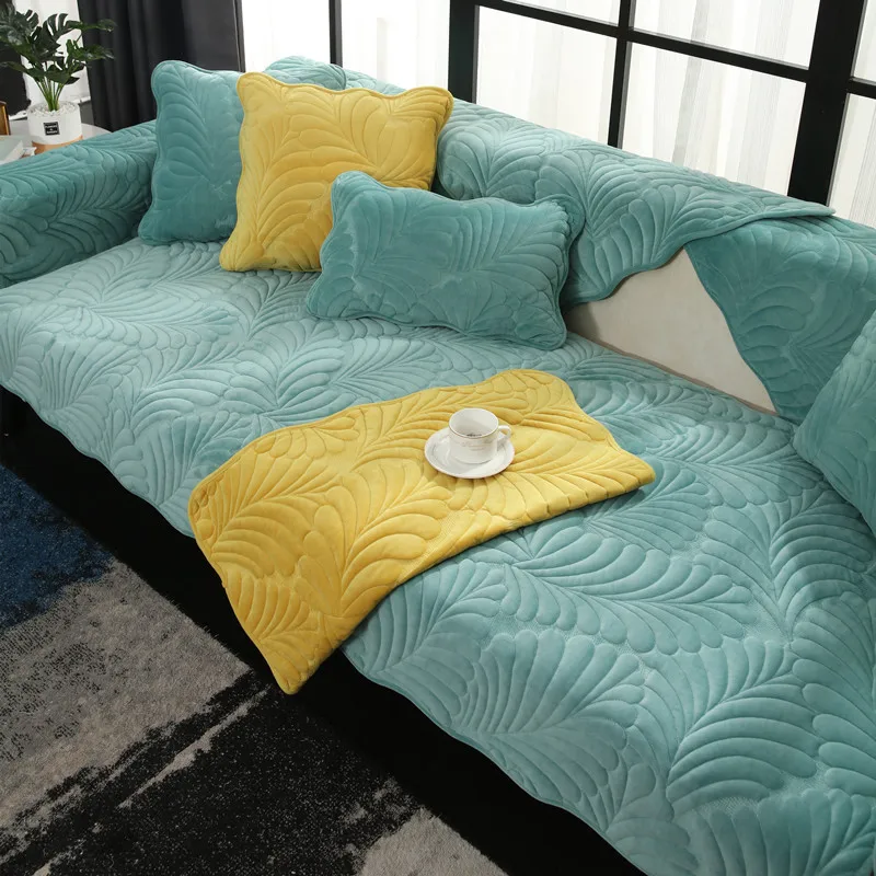 

Leaf Quilted Plush Solid Color Slipcover Full Coverage Couch L Shaped Sofa Towel Household Anti-slip Seaters Dustproof Cover