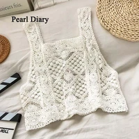 pearl diary summer new style hollow out hook flower crop tops retro short knitting top women all match fashion vest tops