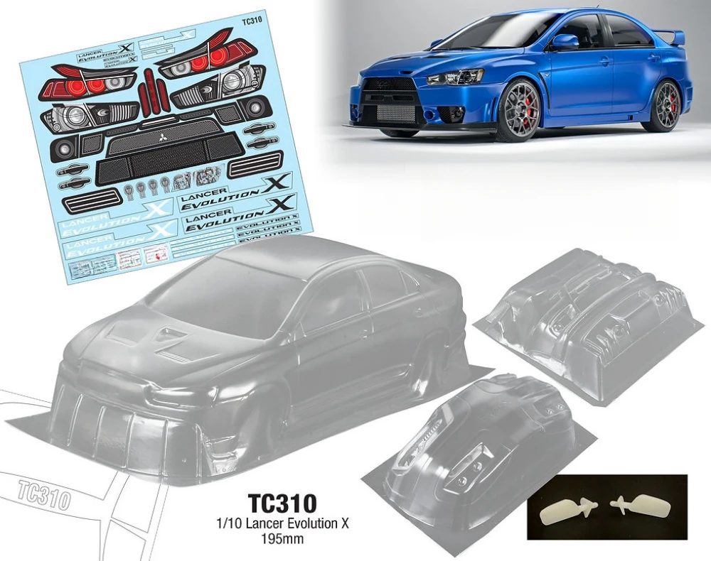 TC310 1/10 Lancer Evcolution X Clear Lexan body. Корпус шириной 195 мм. Колесная база 258 мм для гоночного