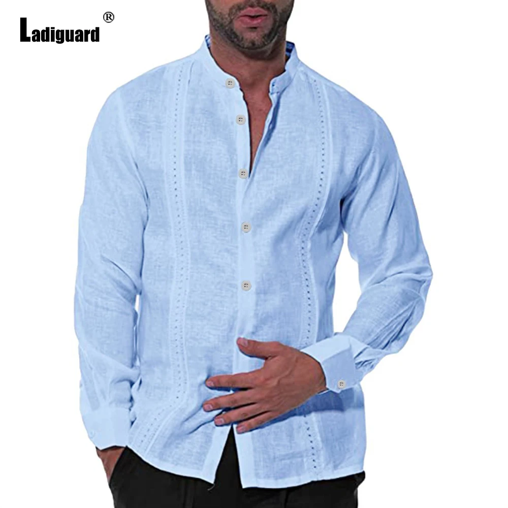 Ladiguard Mens Elegant Fashion Shirt Homme Ropa Sexy Men Clothing 2022 Short Sleeve Model Stripes Blouse Masculina Linen Shirts